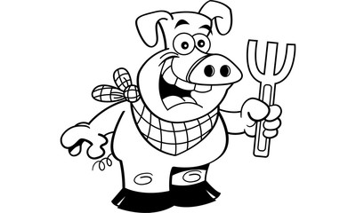 Black and white illustration of a pig holding a fork.