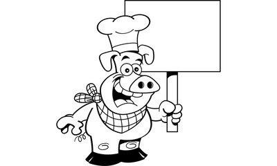 Black and white illustration of a pig wearing a chef's hat and holding a sign.