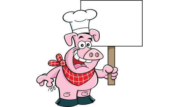 Cartoon illustration of a pig wearing a chef's hat and holding a sign.