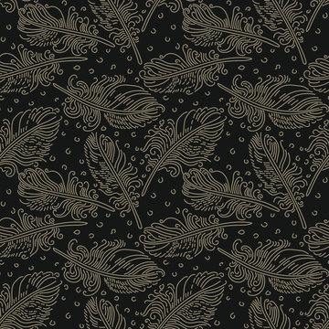 Feathers - seamless pattern.
Hand drawn seamlessly repeating ornamental wallpaper or textile pattern with feather motives in vector format.
