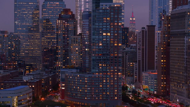 Manhattan buildings at dusk, aerial shot