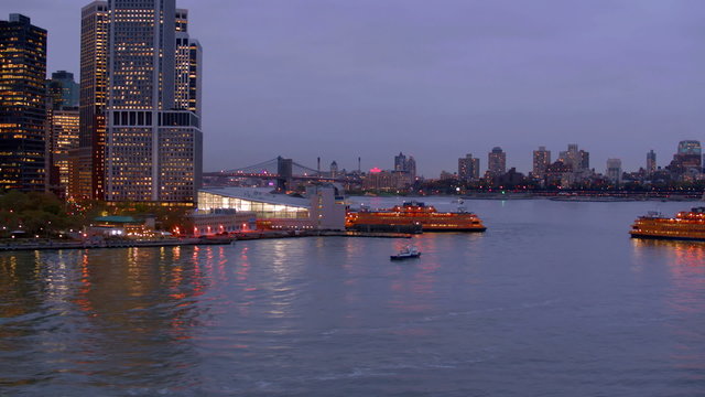 Aerial view of downtown Manhattan and Staten Island ferry