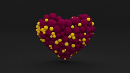 Stylish abstract black background with a heart filled with balls of yellow and red colors