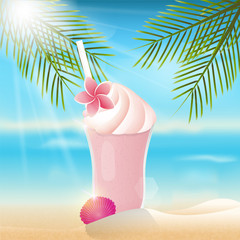 Milkshake on the beach with palm leaf. Summer background.