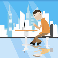 sitting man with laptopover near city window vector illustration