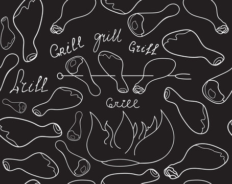 Food and drink vector seamless pattern with meat, chicken legs and words "Grill" handwritten by chalk on grey chalkboard. Endless vector texture