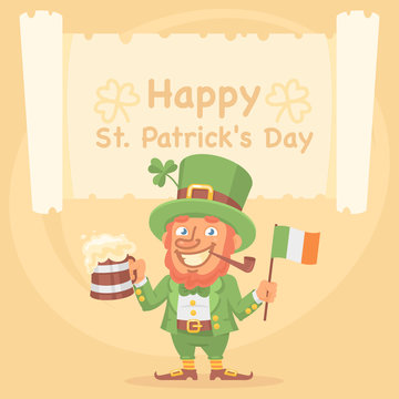 St. Patrick Holds Mug of Beer and Flag