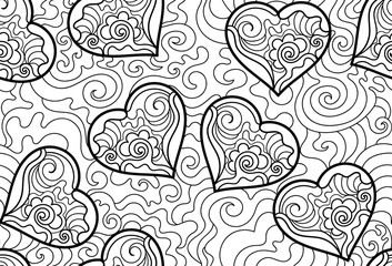 Valentine's vector seamless pattern with hand drawn graphic figured hearts and curling lines. You can use any color of background