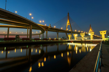 Fototapeta na wymiar Bhumibol suspension Bridge at dusk in Bangkok