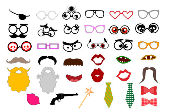 Photo booth props template for party. Elements for party props. (mustaches, lips, eyeglasses, beard, tie silhouettes and design elements for party props isolated on white background)