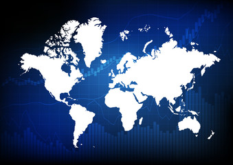 Vector : Business bar and candle sticks graph on world map backg