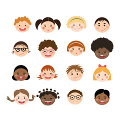 Vector set of children smiling faces. Children with different skin color, boys and girls with hairstyles, glasses, braces. - 105454943