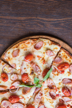 Spicy Sausage Pizza On Wooden Table, Top View