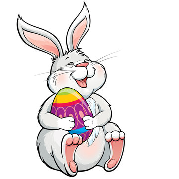 Vector illustration with lovely laughing  bunny holding painted easter egg.