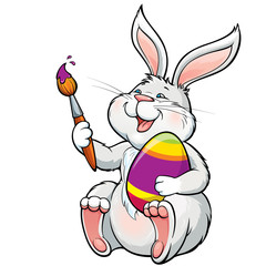 Vector illustration. Lovely happy bunny with brush paints easter egg.
