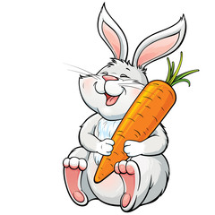 Vector illustration with happy laughing bunny holding a big carrot.