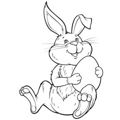 Black and white vector illustration with  lovely  bunny holding  easter egg.