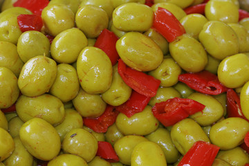Green olives with sweet pepper, bell pepper (Capsicum annuum), Corsica, France