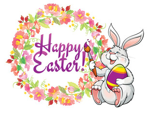 Vector template of greeting card with lovely easter bunny and spring flower frame.