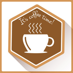 Icon with cup of coffee in flat style with long shadow. It's coffee time. Coffee break. Flat design icon