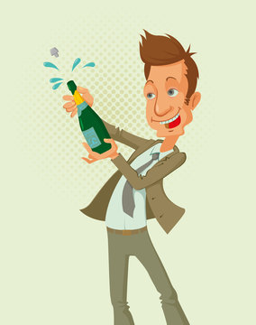 smiling successful man opening a bottle of champagne, vector illustration