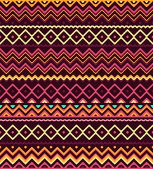 Seamless stylized stripes pattern with aztec ethnic and tribal ornament. Vector bright colors boho fashion illustration.