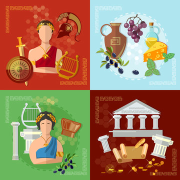 Ancient Greece and Rome tradition and culture vector set