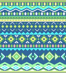 Seamless hand drawn stripes pattern with aztec ethnic and tribal ornament. Vector bright boho fashion illustration.