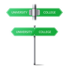 set of green road signs on a pole direction. the choice between the university and the college