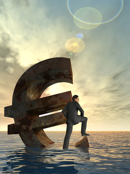 Conceptual Euro crisis with a busines man at sunset