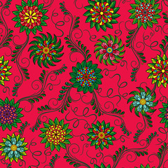 Seamless pattern with flowers over red