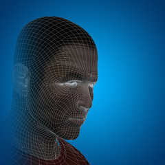 Conceptual 3D wireframe human male or man face or head