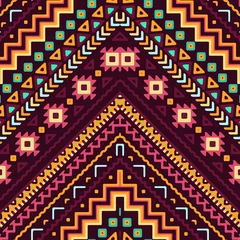 Fotobehang Boho Seamless hand drawn chevron pattern with aztec ethnic and tribal ornament. Vector dark and bright colors boho fashion illustration.