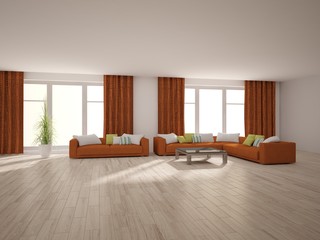 bright interior design of living room with colored furniture - 3d illustration