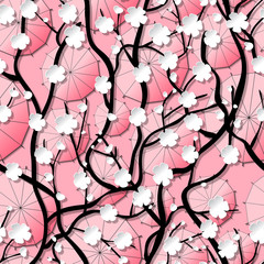 Tree of sakura with flowers above umbrellas. Infinitely curly branches. Oriental style. Top view. Poster to anciept Hanami festival. Walking. Seamless pattern with pink background