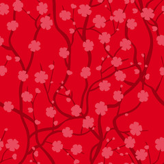 Tree of sakura with flowers. Infinitely curly branches. Oriental style. Seamless pattern with red background