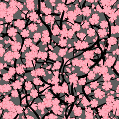 Tree of sakura with flowers. Infinitely curly branches. Oriental style. Seamless pattern with gray background