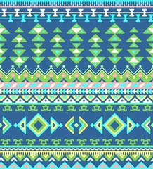 Seamless hand drawn stripes pattern with aztec ethnic and tribal ornament. Vector bright boho fashion illustration.