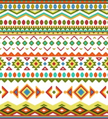 Seamless hand drawn stripes pattern with aztec ethnic and tribal ornament. Vector bright boho fashion illustration.