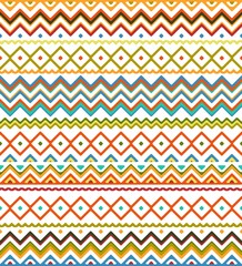 Seamless hand drawn stripes pattern with aztec ethnic and tribal ornament. Vector bright boho fashion illustration.