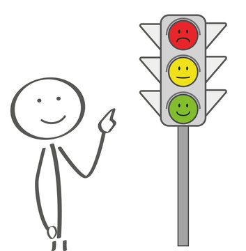 Strichm&auml;nnchen zeigt auf Smileyampel