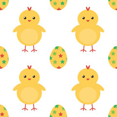 Easter eggs and cute baby chicken seamless pattern background.