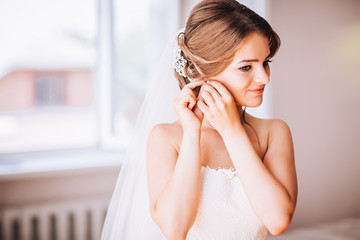 beautiful brunette stylish bride getting ready in the morning in the room