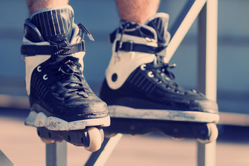 Aggressive inline rollerblading in a skatepark