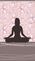 Fototapeta na wymiar Yoga Card with Meditating Woman and Floral Backgrount