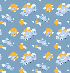 Obraz premium Cartoon plane seamless baby pattern with sun and clouds. Light blue color background. Vector illustration.