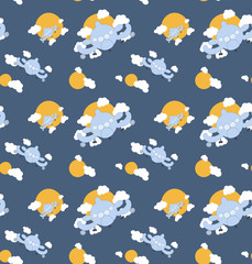 Obraz premium Seamless cartoon airplane baby pattern with sun and clouds. Dark blue color background. Vector illustration.
