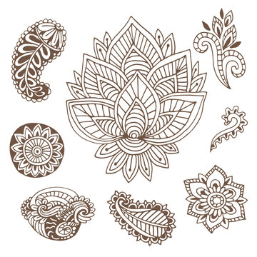 Hand drawn indian ornaments collection. Vector illustration with doodle flowers and paisley.  Creative art for henna tattoo design.