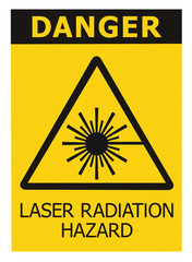 Obraz premium Laser radiation hazard safety danger warning text sign sticker label, high power beam icon signage, isolated black triangle over yellow, large macro closeup