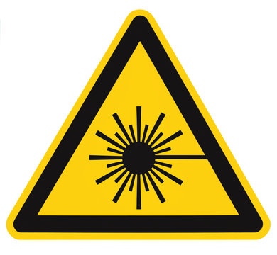 Laser radiation hazard safety danger warning text sign sticker label, high power beam icon signage, isolated black triangle over yellow, large macro closeup